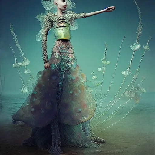 Image similar to a luminous armor made of jelly fishes. soft. fragile. by ray caesar. by louise dahl - wolfe. by andrea kowch. surreal photography