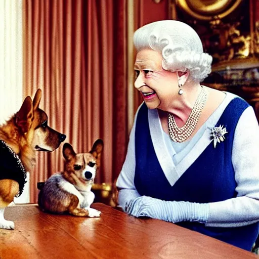 Image similar to paparazzi photo of queen elizabeth sipping on a gin martini with her corgis who are also sipping gin martinis, the corgis are wearing sweaters, royal palace interior, natural sunlight, soft focus, highly detailed