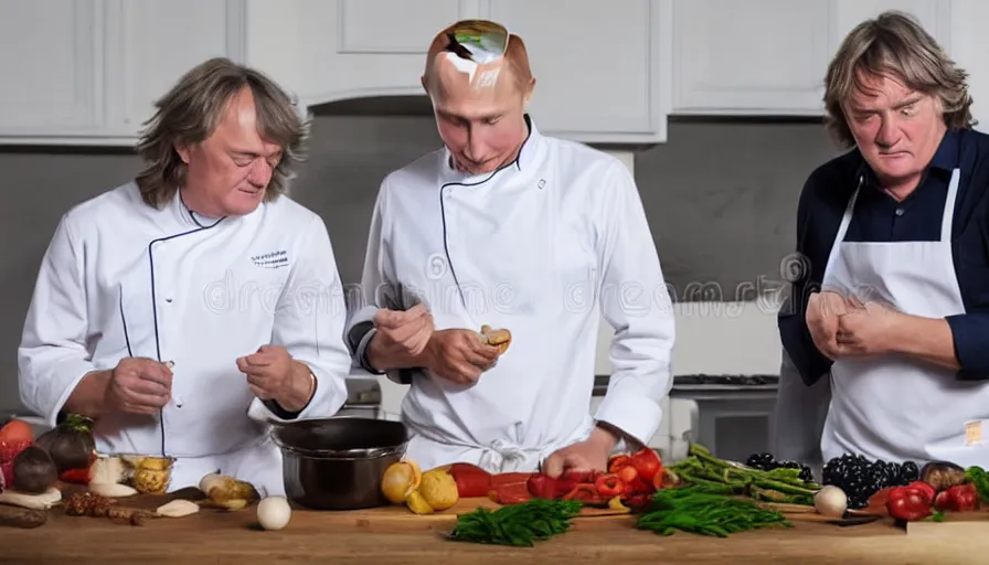 Image similar to vladimir putin and james may in white apron in kitchen cooking dinner. stock photo, high key lighting, photograph