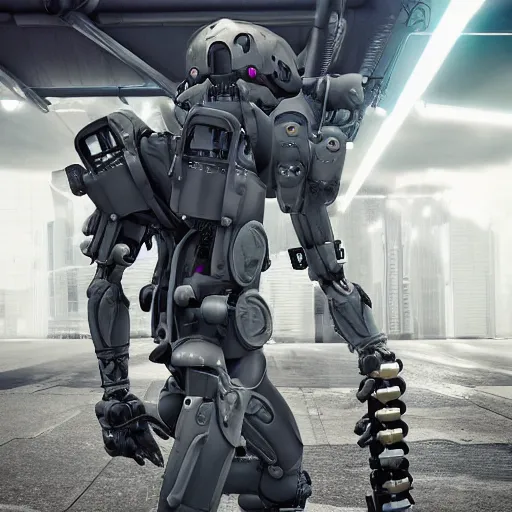 Image similar to epic photograph. tokyo 2 0 9 4. army exoskeleton fashion, robotic mech parts, eye shine. model standing, rim light, fill light. studio, solid color background. octane render, hyper - realistic, 8 k, art photography, denoised photorealistic render, insanely detailed intricate