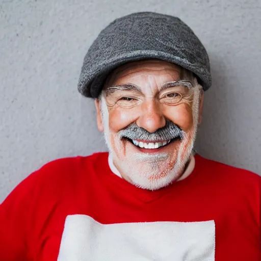 Image similar to Portrait Photo of old Super Mario smiling into the camera wearing his red cap, gray hair, smiling softly, super mario bros, realistic, 4k/8, real, photoshooting, relaxing on a modern couch, interior lighting, cozy living room background, medium shot, mid-shot, soft focus, professional photography, Portra 400