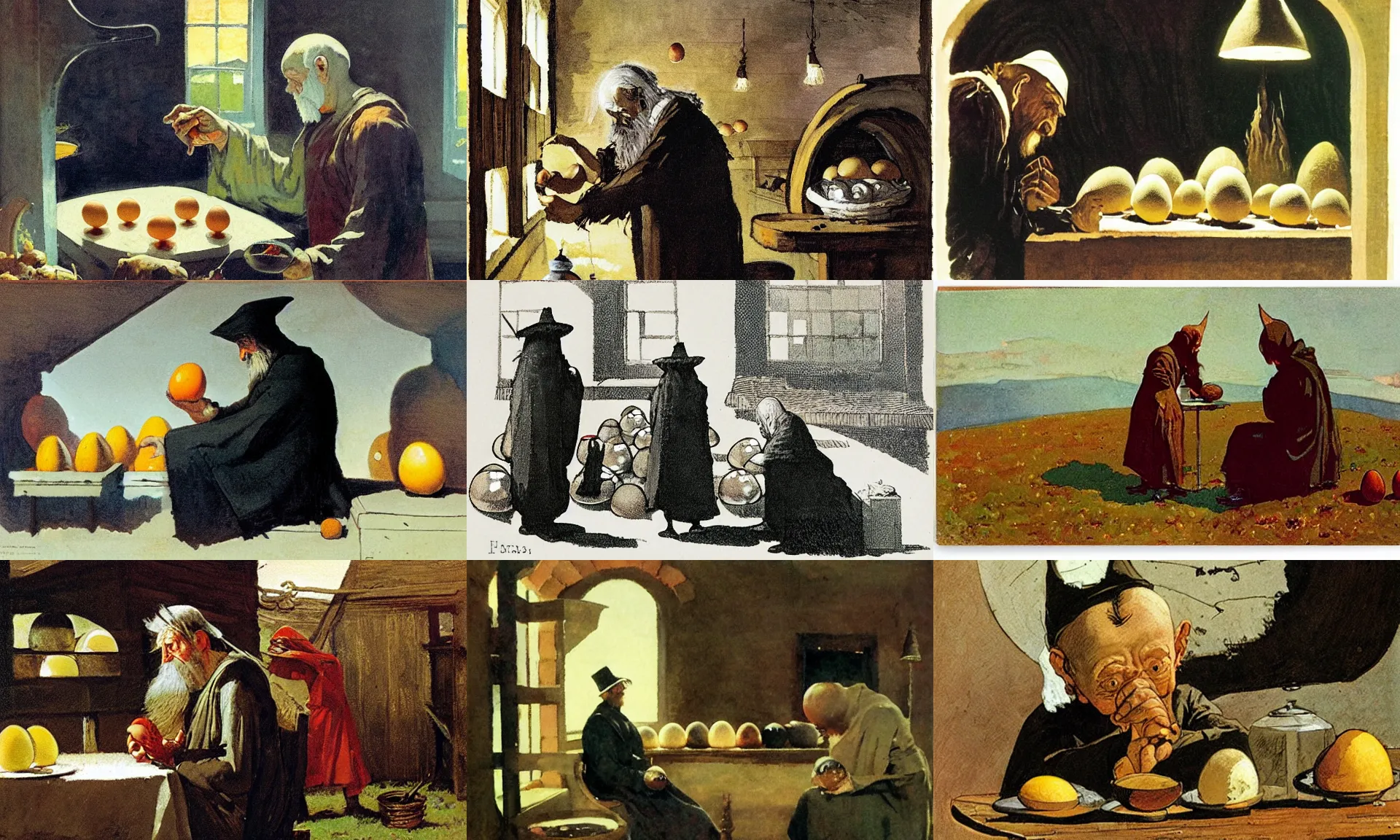 Prompt: Pensive Wizard examines eggs with calipers, by Homer Winslow