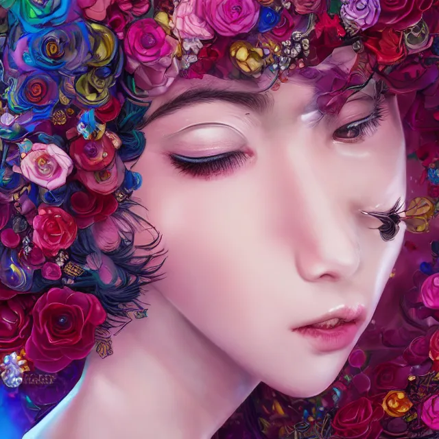 Image similar to studio portrait absurdly beautiful, elegant, lovely, young hypercolorful sensual anime teen rubies red petals gems, ultrafine hyperrealistic detailed face illustration by kim jung gi, irakli nadar, intricate linework, sharp focus, bright colors, matte, octopath traveler, final fantasy, unreal engine highly rendered, global illumination, radiant light, intricate rainbow environment