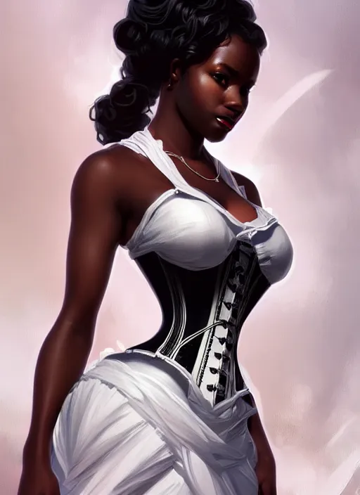 Image similar to cute black woman wearing a white corset dress, fantasy, intricate, highly detailed, digital painting, artstation, concept art, wallpaper, smooth, sharp focus, illustration, art by artgerm and greg rutkowski and alphonse mucha