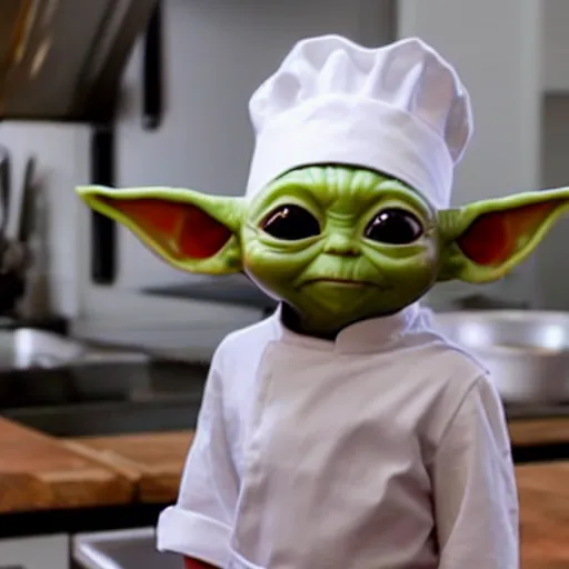 Image similar to tiny and innocent baby yoda appears as a chef wearing a white chefs hat and apron in a beautiful kitchen, preparing some food