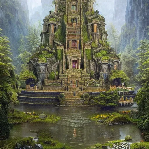 Prompt: a beautiful and highly detailed matte painting of a dwarven temple in a magical fantasy garden in a lush forest in the mystical mountains, intricate details, epic scale, insanely complex, 8 k, sharp focus, hyperrealism, very realistic, by caspar friedrich, albert bierstadt, james gurney, brian froud,