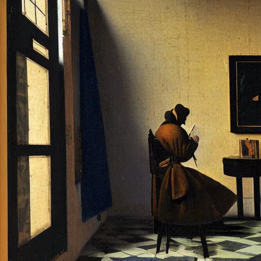 Prompt: a robot reading a book by johannes vermeer