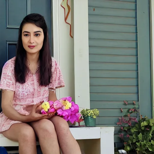 Image similar to sumeyye aydogan, duy beni serial, sitting on the porch holding a flower, in front of the house