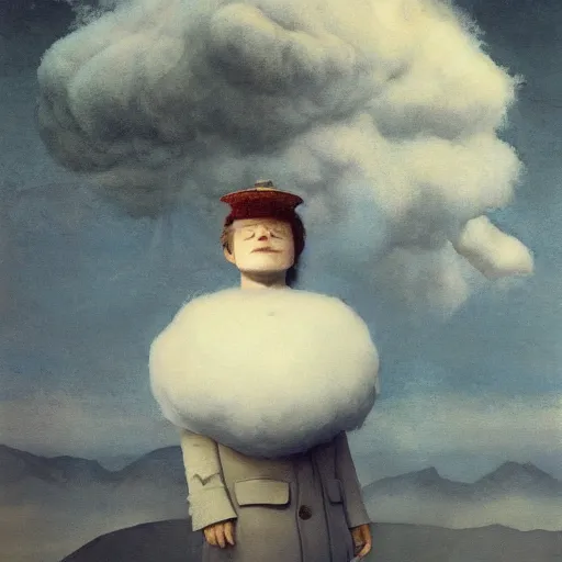 Prompt: Portrait of the Nimbus Cloud King wearing a poofy marshmallow coat whilst standing atop a cloud-covered mountain peak paul klee andrew wyeth edawrd hopper tom bagshaw stanton feng bastien lecouffe-deharme tombow oil painting