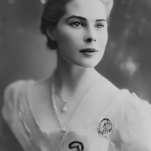 Image similar to edwardian photograph of a mix of grace kelly and emilia clarke, 1 9 0 0 s, 1 9 1 0 s, grainy, slightly blurry, faded, realistic face, elegant, graceful, vintage hollywood star