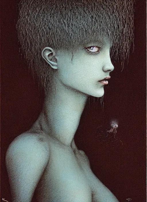 Image similar to girl with short hairs by Beksinski and Luis Royo