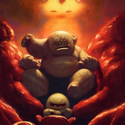 Image similar to kirby binding of isaac, holding meatloaf, hyper realistic, sloppy, gross, meatloaf, hyper realistic, terrifying, disturbing, strange, bizarre, masterpiece, 4 k, vivid colors, elegant, john park, frazetta, john howe, ruan jia, jeffrey catherine jones