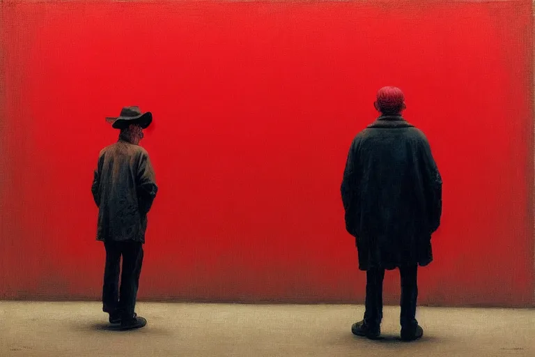 Image similar to only with red, a red old man try to sell a portrait, in a square, crowd cheers, in the style of beksinski, parts by edward hopper, parts by rodcenko, parts by yue minjun, intricate and epic composition, red by caravaggio, insanely quality, highly detailed, masterpiece, red light, artstation, 4 k