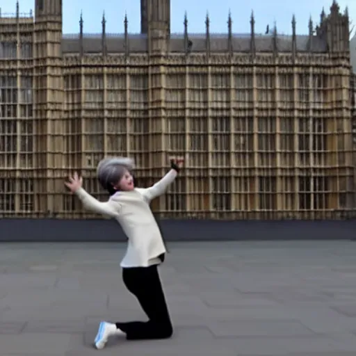 Image similar to theresa may breakdancing in front of Parliament, wide angle 4k