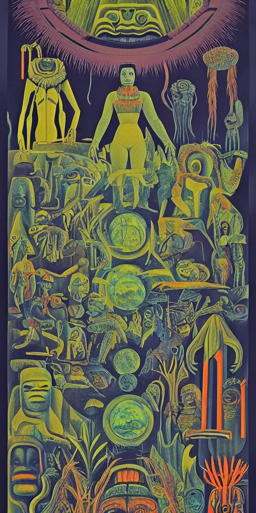 Image similar to 1968 science fiction movie poster, cut out collage, neon mayan, deep winter on Venus, epic theater, deep forest creatures, mountain plants, drawings in part by Diego Rivera, part by Ernst Haekl, text by William S Boroughs, written by Michael Ende