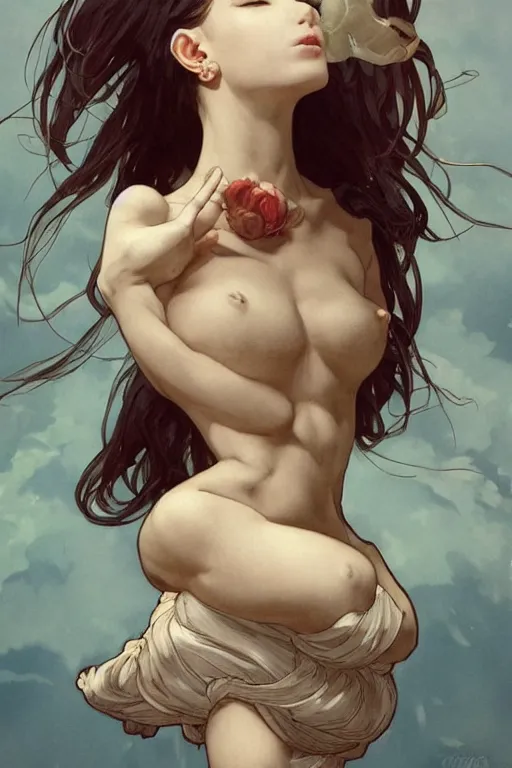 Image similar to character bust portrait, zero gravity floating in the wind, a seductive praying goddess in the style of artgerm, wlop, greg rutkowski, alphonse mucha and ayami kojima, realistic details, volumetric lighting, very very very very beautiful symmetrical face, trending on artstation, artstationhd, artstationhq, unreal engine, 4 k, 8 k