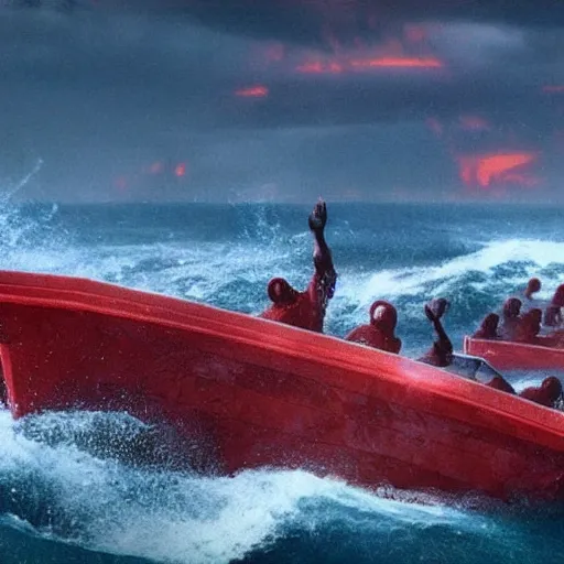 Image similar to anti - christ rising from a red ocean with boats. ominous. vivid color detailed photograph from a 2 0 2 0 s blockbuster vfx horror movie.