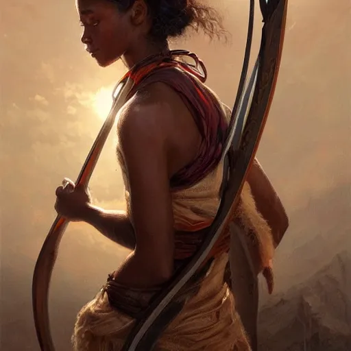 Prompt: artstation concept of a beautiful girl holding a bow and arrow, brown skin, sweaty skin, symmetrical face, casual white garment, white desert background, shiny colorful, hyperdetailed, artstation trending, world renowned artists, worth1000.com, cgsociety, by greg rutkowski, by Gustave Doré, Deviantart