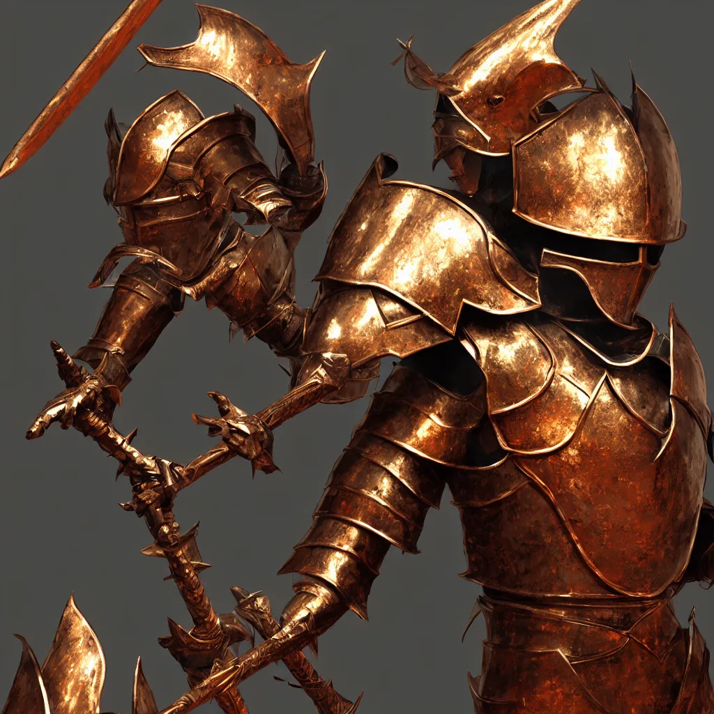 Image similar to of a 3 d rendering realistic illustration of a knight character that has a helmet that is made of copper and gold, beautiful sculpted details, cinematic lighting, this knight is a war lord who roamed the fields in many battles, there is a faint red aura to him displaying a lot of power, volumetric lighting