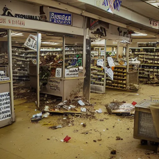 Image similar to a ransacked grocery store, broken signs, filthy flooring. Vines growing. Award-winning photo. OM system 12–40mm PRO II 40mm, 1/100 sec, f/2 8, ISO 800