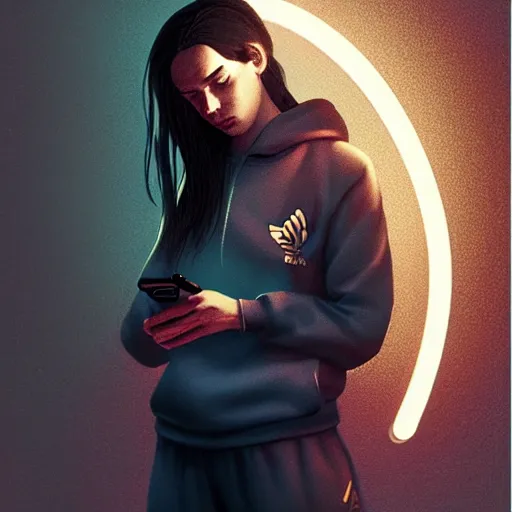 Image similar to portrait of attractive slav heroine wearing an addidas tracksuit with a phone in hand. illuminated phone screen, by greg rutkowski and wlop, detailed, cinematic, 8 k, intricate, rule of thirds.