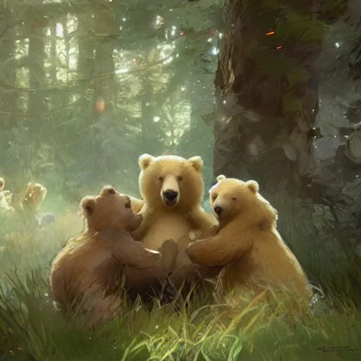 Image similar to close scene of a blond girl and the three bears are outside the bears house in the forest, artstation, concept art, smooth, sharp focus, illustration, art by greg mullens and greg rutkowski and alphonse mucha