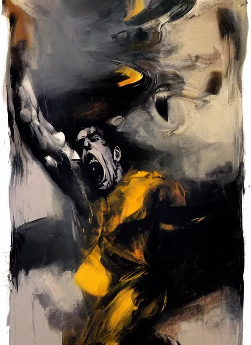 Image similar to tim allen screaming, painting by phil hale, fransico goya,'action lines '!!!, graphic style, visible brushstrokes, motion blur, blurry