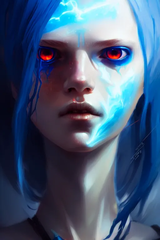 Image similar to a young, slender girl, with fiery blue hair and bright eyes, hyperrealistic face, beautiful eyes, fantasy art, in the style of greg rutkowski, intricate, hyperdetalized, smooth, cyberpunk, tech