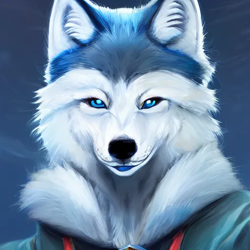 Image similar to furry ( fandom ) art of a cute anthropomorphic white wolf with blue accents and blue eyes, digital art, painting, trending on furaffinity