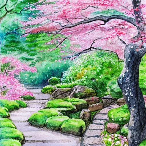 Image similar to Japanese garden, cherry blossom, cobblestone path, watercolor painting