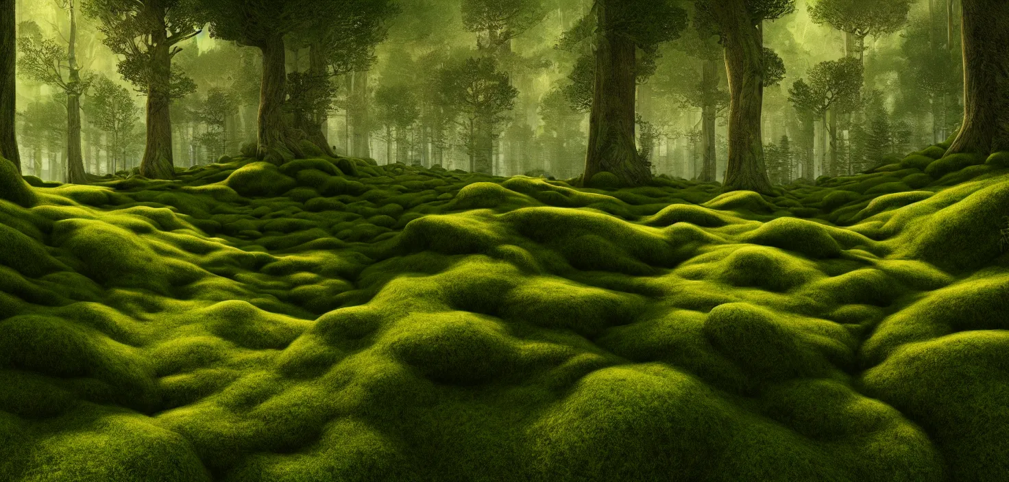 Image similar to random forest landscape, moss, incredible, vector art, octane render, fabulous, hyper detailed, random cinematic view, no noise, global illumination, warm lighting, volumetric, godrays, vivid, beautiful, style brian miller