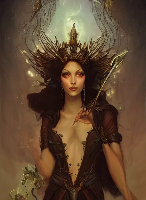 Image similar to tarot!!, fairy queen, fantasy medieval, no noise, elegant, concept art, sharp focus, beautiful face!!, digital art, smooth defined outlines!!, by Brom, trending on Artstation, Tom Bagshaw, Sargent