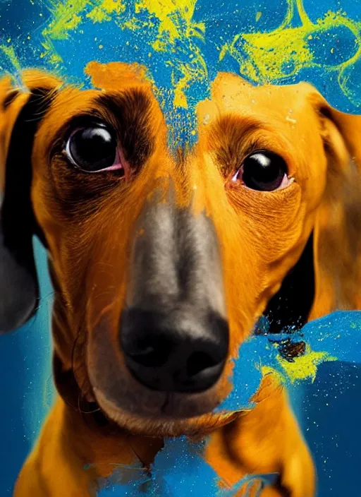 Image similar to a painting of a dachshund face with blue and yellow smoke coming out of, a digital painting by petros afshar, behance contest winner, digital art, behance hd, digital illustration, digital painting