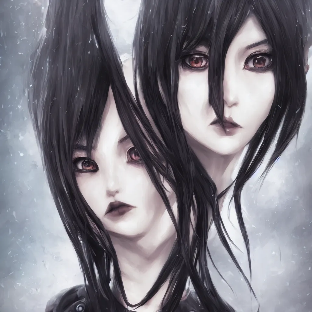 Image similar to portrait of a beautiful anime goth girl, detailed, symmetrical features, award winning, digital painting, artstation, concept art, smooth, sharp focus, illustration,