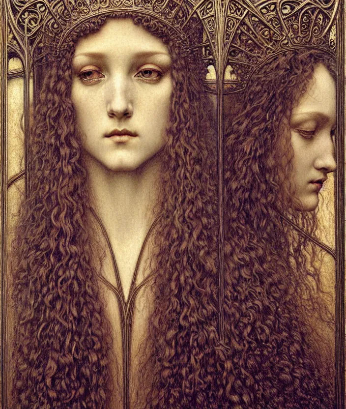 Image similar to detailed realistic beautiful young medieval queen face portrait by jean delville, gustave dore and marco mazzoni, art nouveau, symbolist, visionary, gothic, pre - raphaelite. horizontal symmetry