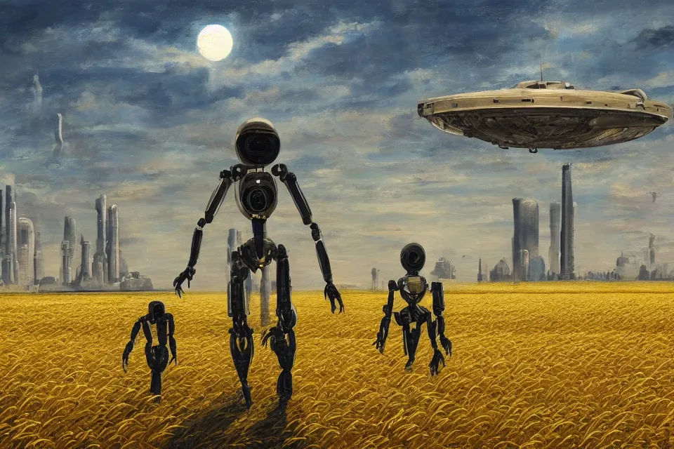 Prompt: sci-fi painting of a large alien city on the vast wheat fields, the closed back view of one humanoid robot on the ground, godrays, detailed