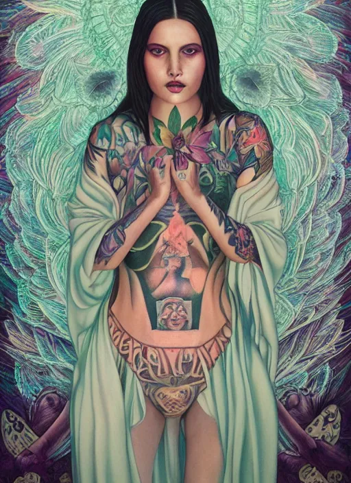 Prompt: beautiful enlightened woman instagram cult influencer with tattoos, tattooed skin, oil painting, robe, symmetrical face, dark ritual myth, by martine johanna, sean yoro masterpiece