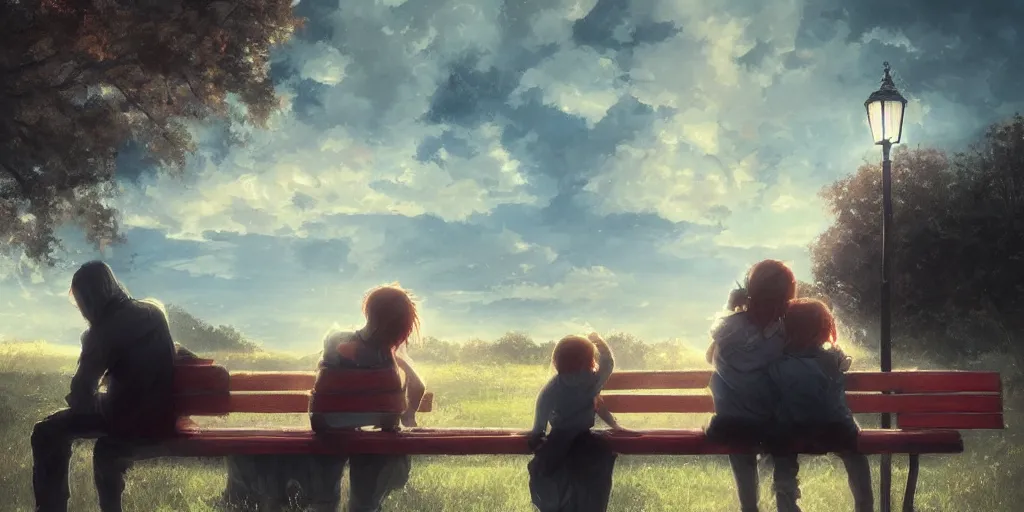 Image similar to a family with sorrow faces sitting on a bench, dramatic sky, close up shot, anime art, Greg Rutkowski, dramatic lighting