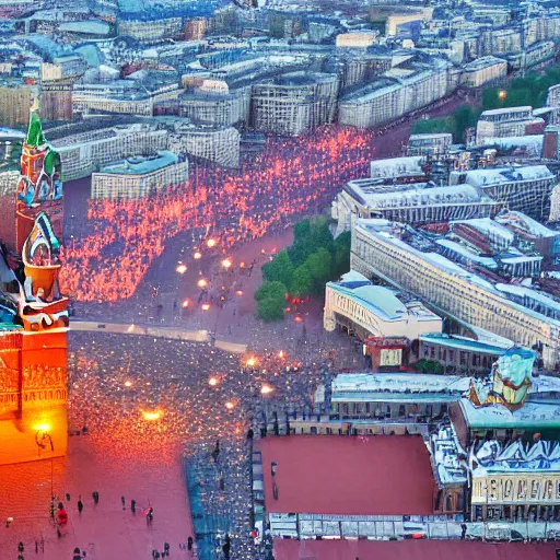 Image similar to high quality image of fire on Red Square in Moscow, highly detailed, 8k, professional photo