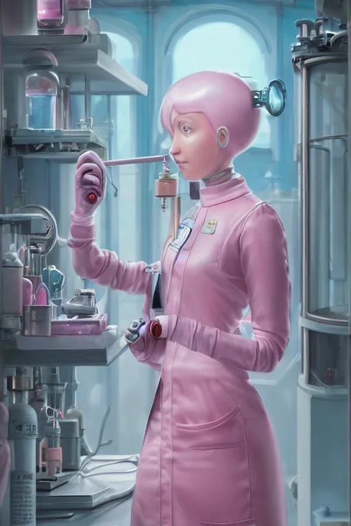 Image similar to highly detailed, industrial photography, profile view of adult princess bubblegum from adventure time, working in her science lab, wearing lab coat, long bubblegum hair, long straight bangs, confident, beautiful, attractive, illustration concept art by nicoletta ceccoli, mark ryden, lostfish, detailed and intricate environment, 8 k resolution, hyperrealistic, octane render