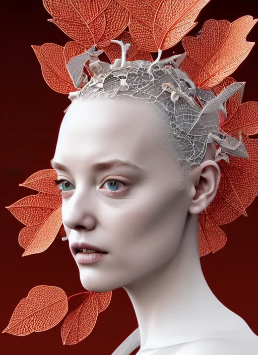 Prompt: complex 3d render ultra detailed of a beautiful porcelain profile young woman face, mechanical cyborg, 150 mm, beautiful studio spotlight, rim light, silver gold red details, fine foliage lace, magnolia big leaves and stems, roots, mesh wire, Alexander Mcqueen haute couture, luxurious, high fashion, mandelbrot fractal, filigran intricate details, hyper realistic, anatomical, facial muscles, cable wires, microchip, elegant, octane render, H.R. Giger style, 8k