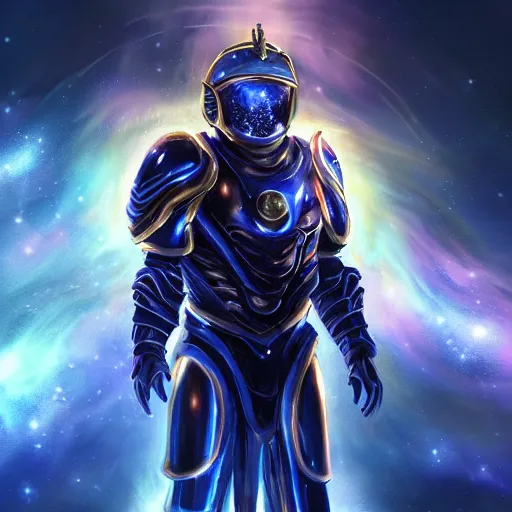 Image similar to photorealistic fantasy cosmic concept art of a cosmic god with armor made out of planets and dark matter, hovering in a unknown galaxy, fully body portrait, cinematic, dynamic lighting, ultra detailed, creative, trending on art station, stunning visuals, creative