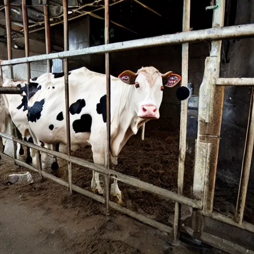 Image similar to dirty bottle of milk and a cow inside slaughterhouse