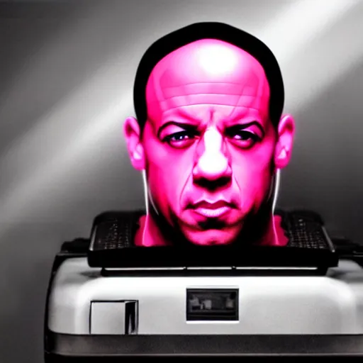 Prompt: vin diesel's disembodied detached head suspended floating inside a glass cylinder full of pink liquid, on top of a 9 0 s desktop computer with a keyboard, looks similar to a hi - fi tube amplifier, zordon from power rangers, with laser eyes, hyper - realistic, detailed, photorealistic, photographic