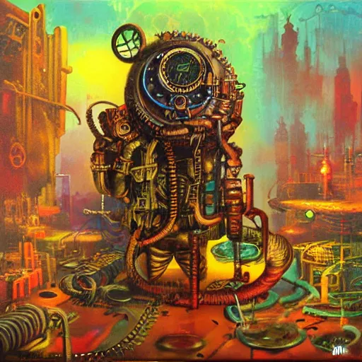 Image similar to steampunk rat, acid, 303, psychedelic, by paul lehr, cd cover for techno artist