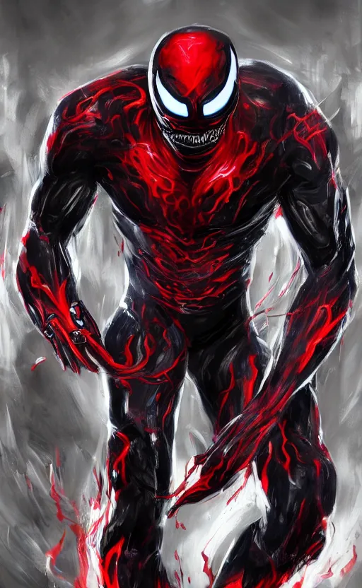 Image similar to venom in a venom inspired ironman suit, black and red, dynamic lighting, photorealistic fantasy concept art, trending on art station, stunning visuals, terrifying, creative, cinematic