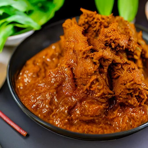 Prompt: a professional photo of nasi rendang