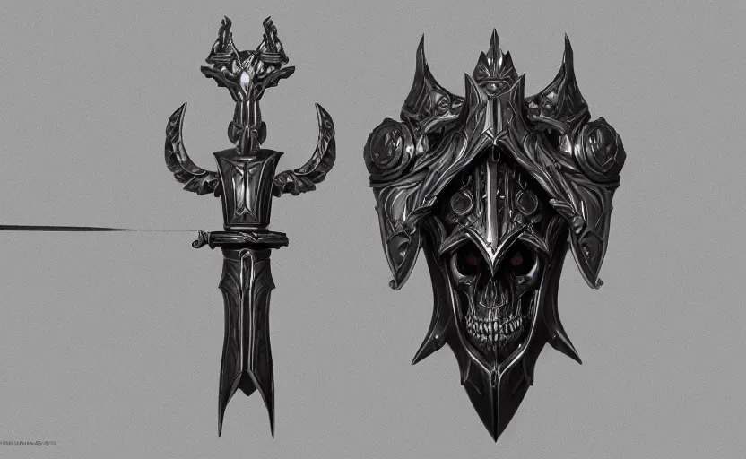 Image similar to a black and silver sword skull crest, orthographic, ornament, weapon, a 2 d render by dom qwek, front side, concept art, trending on polycount, artstation, hard surface modeling, rendered in maya, zbrush, hd, vray, blizzard, symmetry