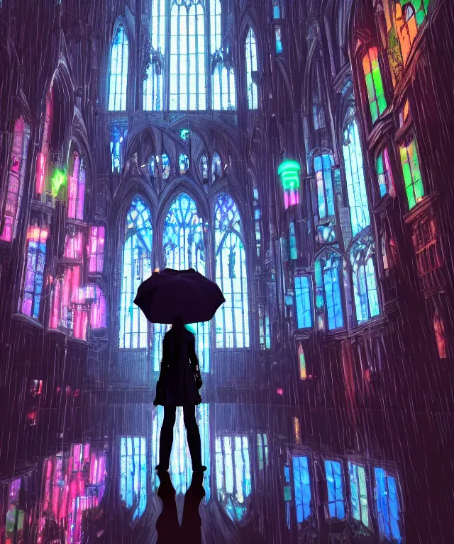 Prompt: a tall brightly lit cyberpunk cathedral with stained glass windows at night, reflection visible in scattered rain puddles, close mouse - eye view upward perspective behind a woman holding an umbrella who is gazing upward with wonder, octane ray tracing, volumetric lighting, trending on artstation