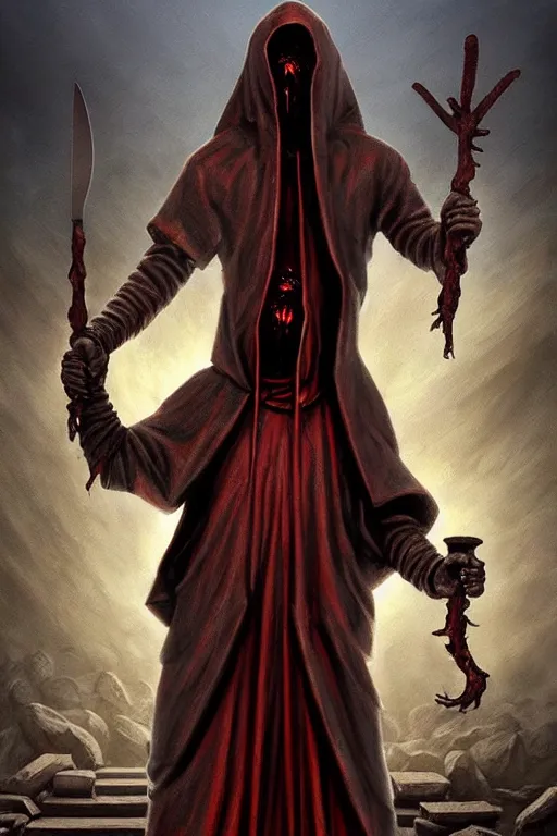 Image similar to a statue of a hooded cultist is holding a bloody knife in one hand and a tomato on the other, standing in a forgotten temple to an eldritch god, by patrick mcenvoy and michael komarck and fantasy flight, incredible quality, trending on artstation